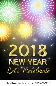 2018 number on colorful fireworks background. Happy New Year vector greeting card and poster design for holidays.