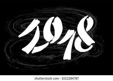 2018 numbers in Chinese hieroglyphs ink style, white on black background. For designing new year greeting card, poster, banner, blog, website. 