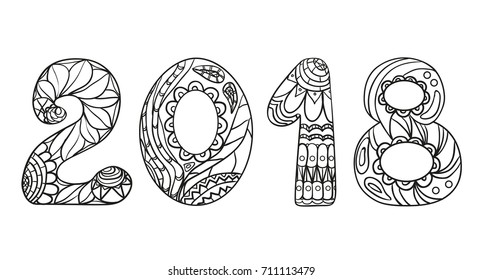 2018 Numbers. Happy New Year. Zentangle. Hand drawn numbers with abstract patterns on isolation background. Design for spiritual relaxation for adults. Line art creation. Black and white illustration