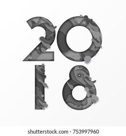 2018 numbers for New Year design with abstract paper cut shapes isolated on white. Vector illustration. Colorful 3D carving art, winter holiday poster design of paper cut colorful layers