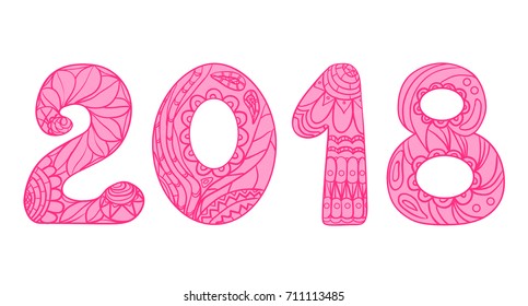 2018 Numbers. Zentangle. Hand drawn numbers with abstract patterns on isolation background. Design for spiritual relaxation for adults. Line art creation. Intricate texture. Greeting cards