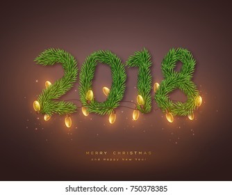 2018 numeric from fir branches and glossy garland. Christmas background, holiday concept with glowing lights. Vector illustration.