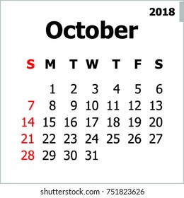 2018 October Month Calendar Stock Vector (Royalty Free) 751823626 ...