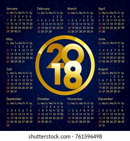 2018 office calendar for whole year. Celebrating congratulating minimal annual numbers, isolated schedule, square mock up. Friendly greetings or presentation elements on dark blue background.