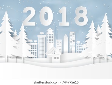 2018 on snow and winter season with urban landscape background for merry christmas and happy new year paper art style.Vector illustration.