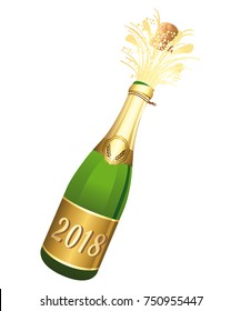 2018 Opened Champaign bottle. Vector illustration II. Congratulations or happy new year.