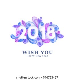 2018 paper art. Vector happy new year banner design, 3D quilling artwork on white background.