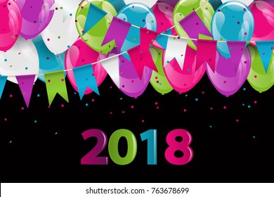 2018 paper numerals. New Year background with paper colorful bunting flags garland, glossy helium balloons and soaring confetti. Vector illustration. Xmas and New Year design
