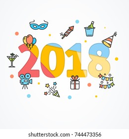 2018 Party New Year Greeting Card Poster Paper Art Design with Outline Icons Include of Symbol Celebration . Vector illustration