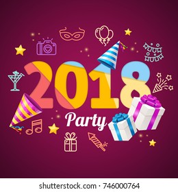 2018 Party New Year Greeting Card Poster Paper Art Design with Outline Icons Include of Present, Rocket and Photo. Vector illustration