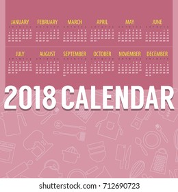 2018 Pink Cooking Stuff Lined Icon Pattern Printable Calendar Starts Sunday Vector Illustration