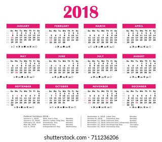 2018 Pink yearly vector calendar. Federal holidays, moon and numbers of weeks.