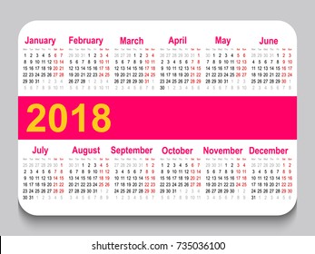 2018 pocket calendar. Template calendar grid. Horizontal orientation. Week starts on Monday. White background. Vector illustration.