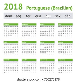 Calendario Portugués Americano 2018. La semana empieza el domingo