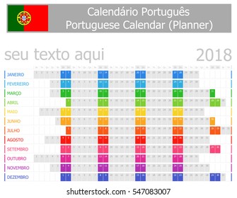 2018 Portuguese Planner Calendar with Horizontal Months on white background