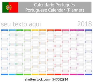 2018 Portuguese Planner Calendar Vertical Months on white background