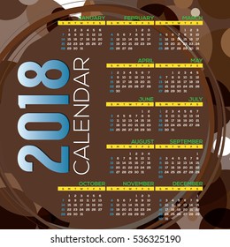 2018 Printable Calendar Starts Sunday Brown Circles Graphic Vector Illustration