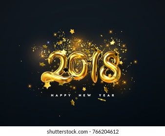 2018 realistic gold sign on black background with sparkling confetti, tinsel particles, stars, dust. Happy New Year holiday banner. Vector illustration with metallic numbers and dusty golden cloud. 