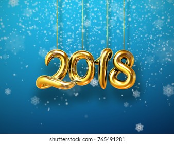 2018 realistic golden sign on blue vibrant background with falling snow particles and snowflakes. Happy New Year holiday banner. Vector illustration with realistic metallic hanging numbers. 