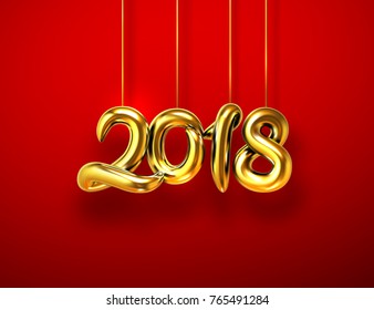 2018 realistic golden sign on red vibrant background. Happy New Year holiday banner. Vector illustration with realistic metallic hanging numbers. Party invitation design element