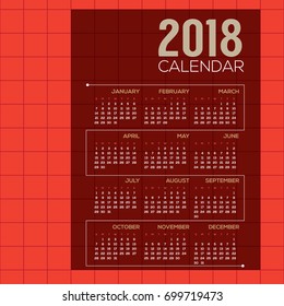 2018 Red Modern Grid Printable Calendar Starts Sunday Vector Illustration