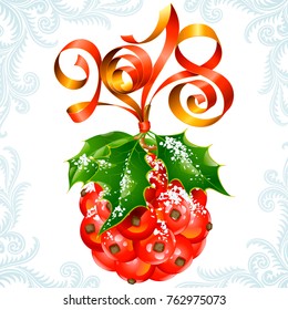 2018 Red Ribbons Lettering and Holly Ball for New Year Greeting Cards or Christmas Party Invitation. Holiday Symbols Isolated on White Background. Vector Illustration