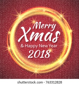 2018, Red and White card with Merry Christmas text and gold glitter frame. Sparkling holiday background, vector dust border. Great for Christmas and New Year cards, invitations and posters.