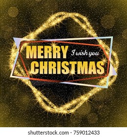 2018, Red and Yellow card with Merry Christmas text and gold glitter frame on checkered background. Sparkling holiday background, vector dust border. Great for Christmas and New Year cards, invitation
