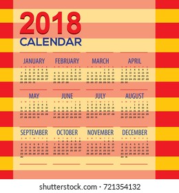 2018 Red Yellow Stripes Printable Calendar Starts Sunday Vector Illustration