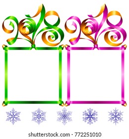 2018 Ribbons Lettering and Square Frames set for New Year Greeting Cards or Party Invitation. Red and Blue Holiday Symbols and Snowflakes Isolated on White Background. Vector Illustration
