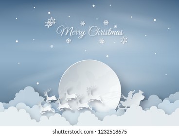 2018 Santa Claus rides reindeer sleigh against a full moon with snowflake and snowball falling in the air. Origami and Paper art. Vector illustration. Merry Christmas concept.