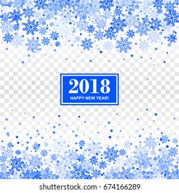 2018 seamless pattern with blue repeated snowflakes on transparent checkered background. Isolated