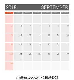 2018 September calendar or desk planner, weeks start on Sunday - gray theme, square proportion