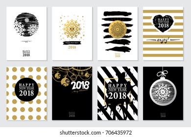 2018 Juego de tarjetas de Feliz Año Nuevo o fondo.
Estilo moderno con letras a mano. Ilustración del vector
Diseño en tonos negros, blancos y dorados.
Plantilla de banner para diseño plano. 