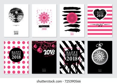 2018 Set of Happy New Year card or background.
Trendy style with hand-lettering words.
Black, white, pink colors design.
Banner template for flat design. 
Vector illustration