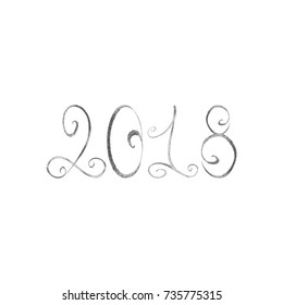 2018. Silver hand drawn text 2018 isolated on white background. Concept of greeting card design Happy New Year 2018.