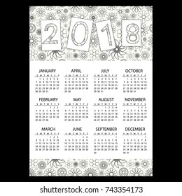 2018 simple business wall calendar with outline floral pattern eps10