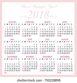 2018 simple elegant full one page pink calendar