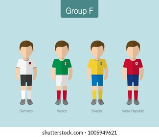 2018 Soccer or football team uniform. Group F with GERMANY,Â MEXICO,Â SWEDEN, KOREA REPUBLIC. Flat design. Vector illustration.