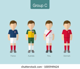 2018 Soccer or football team uniform. Group C with FRANCE, AUSTRALIA, PERU,Â DENMARK. Flat design. Vector illustration.