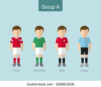 2018 Soccer or football team uniform. Group A with RUSSIA,  SAUDI ARABIA,  EGYPT, URUGUAY. Flat design. Vector illustration.