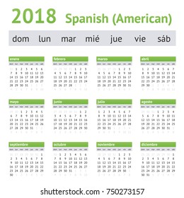 2018 Spanish American Calendar. A week starts on Sunday