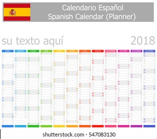 2018 Spanish Planner Calendar with Vertical Months on white background