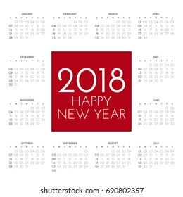 2018 square calendar with 12 months on the contour on a white background. In the centre an inscription in a red square: happy new year. Vector illustration.
