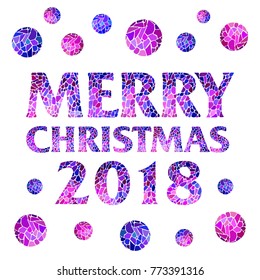 2018 square magic inscription Merry Christmas with mosaic balls on white background. Creative vector for Holiday Greeting Poster.
