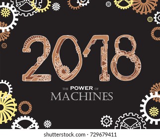 2018 in the Steampunk style. Outline numbers on black background, design with cogs and gears, vector.