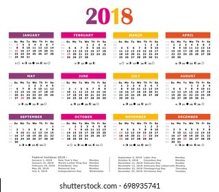 2018 summer colors vector calendar. Weeks numbered, moon and federal holidays.