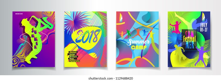 2018 Summer music festival carnival trendy posters, flyer, tropical brochure cover set, abstract dynamic minimalist vibrant lines fluid colors craft shapes, concept exotic pop art form music elements