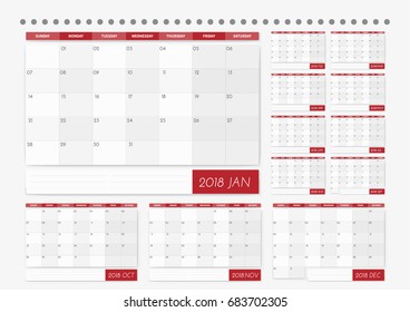 2018 table calendar, wall with a small font. A set of 12 months. Simple, classic style. Vector illustration for business