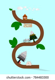 2018 text concept with house,Christmas tree,bicycle,gift box and pet icon on tree illustration vector